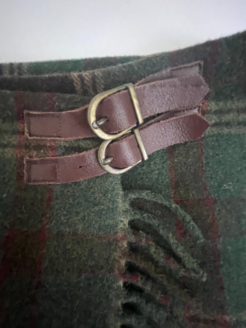 Bob Timberlake Wool Plaid Fringe Wrap Skirt 10 Leather Buckles - Picture 2 of 9